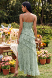 Dusty Sage Ruffled A Line Spaghetti Straps Floral Dress with Slit
