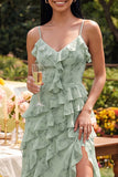 Dusty Sage Ruffled A Line Spaghetti Straps Floral Dress with Slit