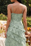 Dusty Sage Ruffled A Line Spaghetti Straps Floral Dress with Slit