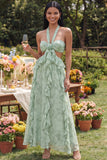 Halter Dusty Sage Cut Out A Line Maxi Floral Dress with Ruffles