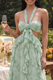 Halter Dusty Sage Cut Out A Line Maxi Floral Dress with Ruffles