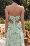 Halter Dusty Sage Cut Out A Line Maxi Floral Dress with Ruffles