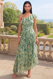 One Shoulder Dusty Green A Line Asymmetrical Ruffled Maxi Floral Dress