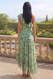 One Shoulder Dusty Green A Line Asymmetrical Ruffled Maxi Floral Dress