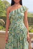 One Shoulder Dusty Green A Line Asymmetrical Ruffled Maxi Floral Dress