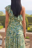 One Shoulder Dusty Green A Line Asymmetrical Ruffled Maxi Floral Dress