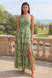One Shoulder Dusty Green Tiered Ruffle A Line Maxi Floral Dress with Slit
