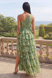 One Shoulder Dusty Green Tiered Ruffle A Line Maxi Floral Dress with Slit