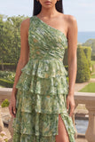 One Shoulder Dusty Green Tiered Ruffle A Line Maxi Floral Dress with Slit