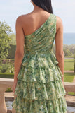 One Shoulder Dusty Green Tiered Ruffle A Line Maxi Floral Dress with Slit