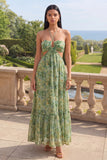 Dusty Green Halter A Line Cut Out Maxi Floral Dress