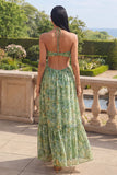 Dusty Green Halter A Line Cut Out Maxi Floral Dress