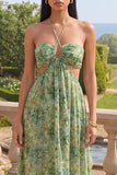 Dusty Green Halter A Line Cut Out Maxi Floral Dress
