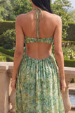 Dusty Green Halter A Line Cut Out Maxi Floral Dress