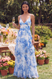 White Blue Flower A Line Ruffled Printed Chiffon Maxi Floral Dress