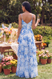White Blue Flower A Line Ruffled Printed Chiffon Maxi Floral Dress