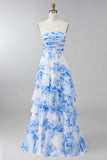 Strapless A Line Ruffled White Blue Floral Maxi Dress