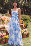 Strapless A Line Ruffled White Blue Floral Maxi Dress