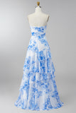 Strapless A Line Ruffled White Blue Floral Maxi Dress