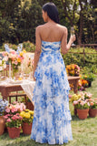 Strapless A Line Ruffled White Blue Floral Maxi Dress