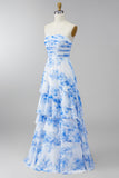 Strapless A Line Ruffled White Blue Floral Maxi Dress