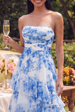 Strapless A Line Ruffled White Blue Floral Maxi Dress