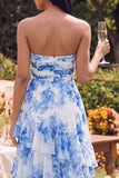 Strapless A Line Ruffled White Blue Floral Maxi Dress