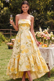 Yellow Strapless A Line Maxi Floral Dress