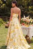 Yellow Strapless A Line Maxi Floral Dress