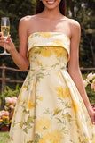 Yellow Strapless A Line Maxi Floral Dress