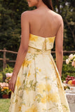 Yellow Strapless A Line Maxi Floral Dress