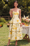 Strapless Yellow A Line Tiered Ruffle Midi Floral Dress