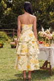 Strapless Yellow A Line Tiered Ruffle Midi Floral Dress