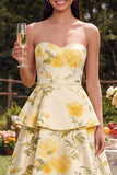 Strapless Yellow A Line Tiered Ruffle Midi Floral Dress