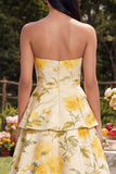 Strapless Yellow A Line Tiered Ruffle Midi Floral Dress