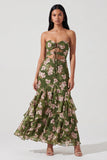 Dark Green Strapless Cut Out A Line Ruffled Maxi Floral Dress