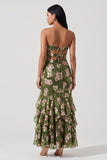 Dark Green Strapless Cut Out A Line Ruffled Maxi Floral Dress