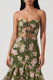 Dark Green Strapless Cut Out A Line Ruffled Maxi Floral Dress