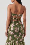Dark Green Strapless Cut Out A Line Ruffled Maxi Floral Dress