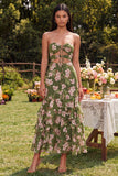 Dark Green Strapless Cut Out A Line Ruffled Maxi Floral Dress
