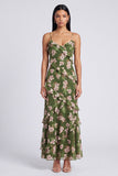 Dark Green A Line Chiffon Spaghetti Straps Maxi Floral Dress with Ruffles