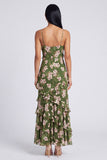 Dark Green A Line Chiffon Spaghetti Straps Maxi Floral Dress with Ruffles