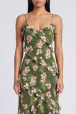 Dark Green A Line Chiffon Spaghetti Straps Maxi Floral Dress with Ruffles