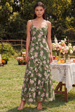Dark Green A Line Chiffon Spaghetti Straps Maxi Floral Dress with Ruffles