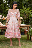 Pink A-Line Embroidered Midi Floral Dress with Half Sleeves