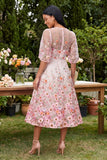 Pink A-Line Embroidered Midi Floral Dress with Half Sleeves