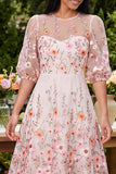 Pink A-Line Embroidered Midi Floral Dress with Half Sleeves