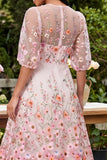 Pink A-Line Embroidered Midi Floral Dress with Half Sleeves