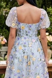 Blue Flower A-Line Square Neck Embroidered Midi Dress with Puff Sleeves