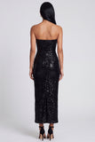 Sparkly Black Strapless Sheath Long Floral Dress with Sequins